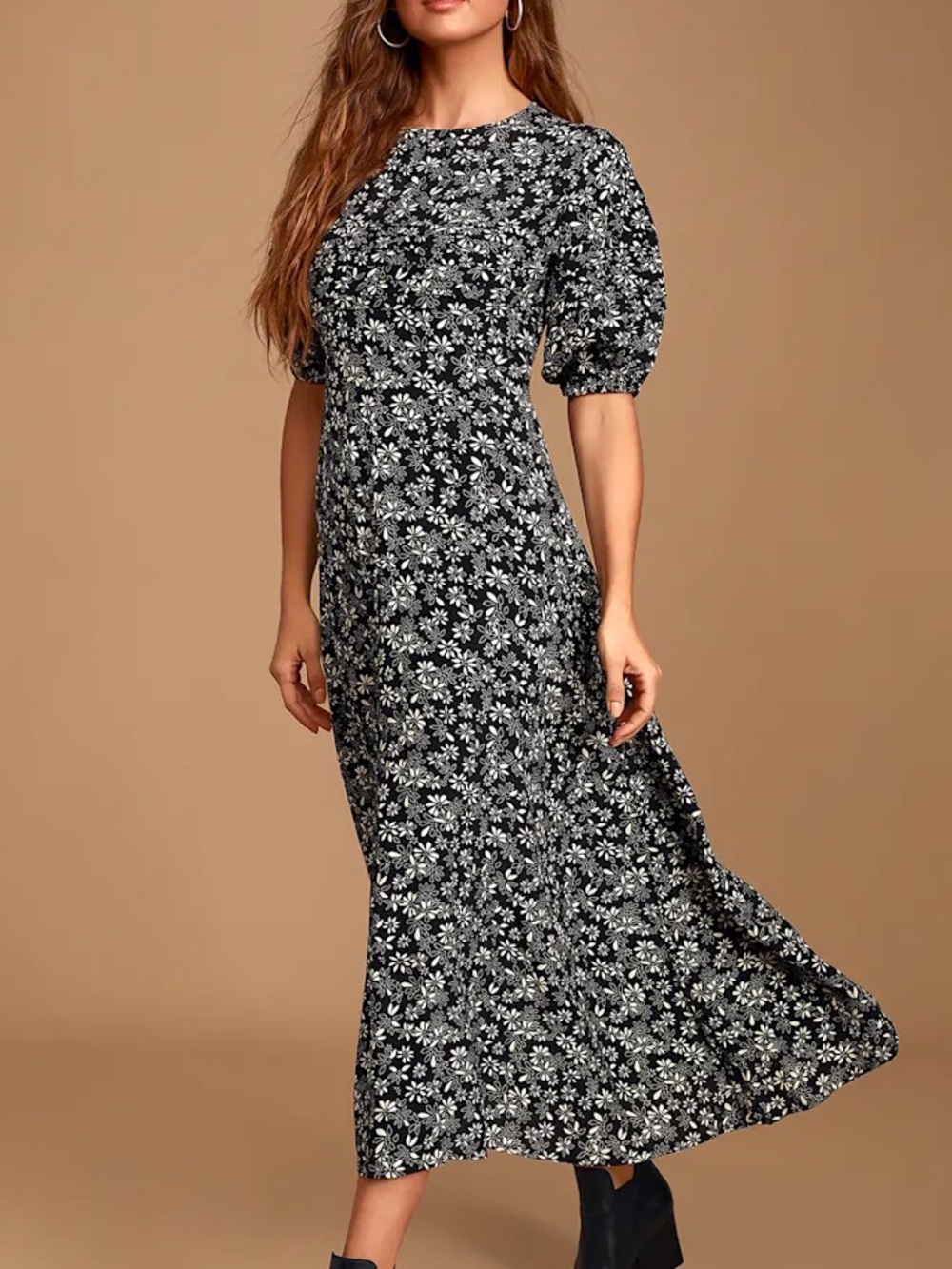 Free People Size 10 Jessie Black & White Ditsy Floral Short Sleeve Midi Dress